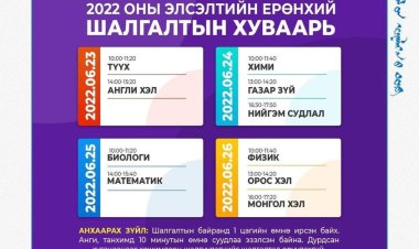 ”Элсэлтийн ерөнхий шалгалт-2022” шалгалтын хуваарь
