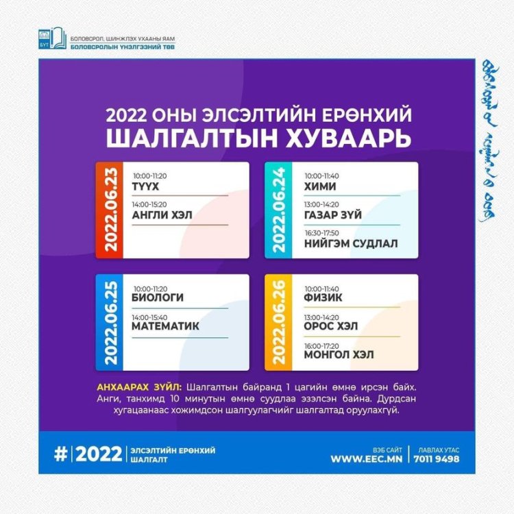 ”Элсэлтийн ерөнхий шалгалт-2022” шалгалтын хуваарь